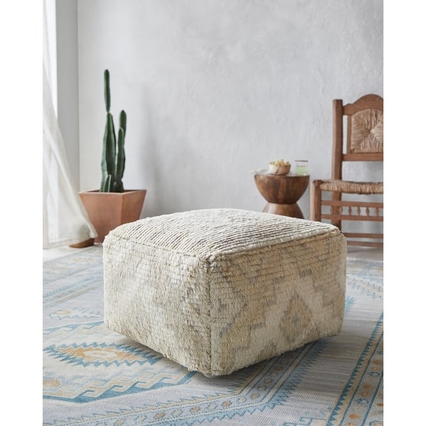 Square Pouf with Navy Medallion Pattern Traditional Print