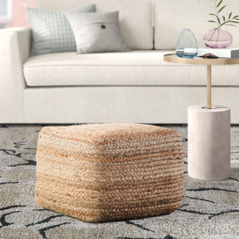 Square Silhouette Pouf, Chunky Braided Jute, Tactile Earthy Ottoman Seat
