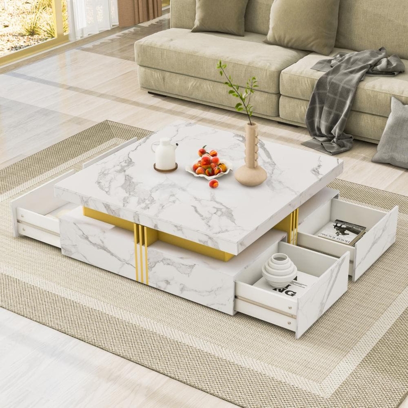 Square Storage Coffee Table Recessed Base Integrated Pulls White