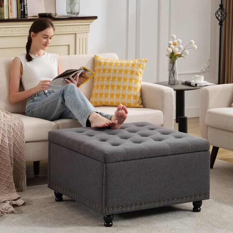 Square Storage Ottoman Dark Grey Button Tufted Coffee Table
