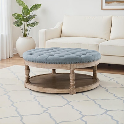 Square Storage Ottoman Turned Wooden Legs Cream French Country Footstool