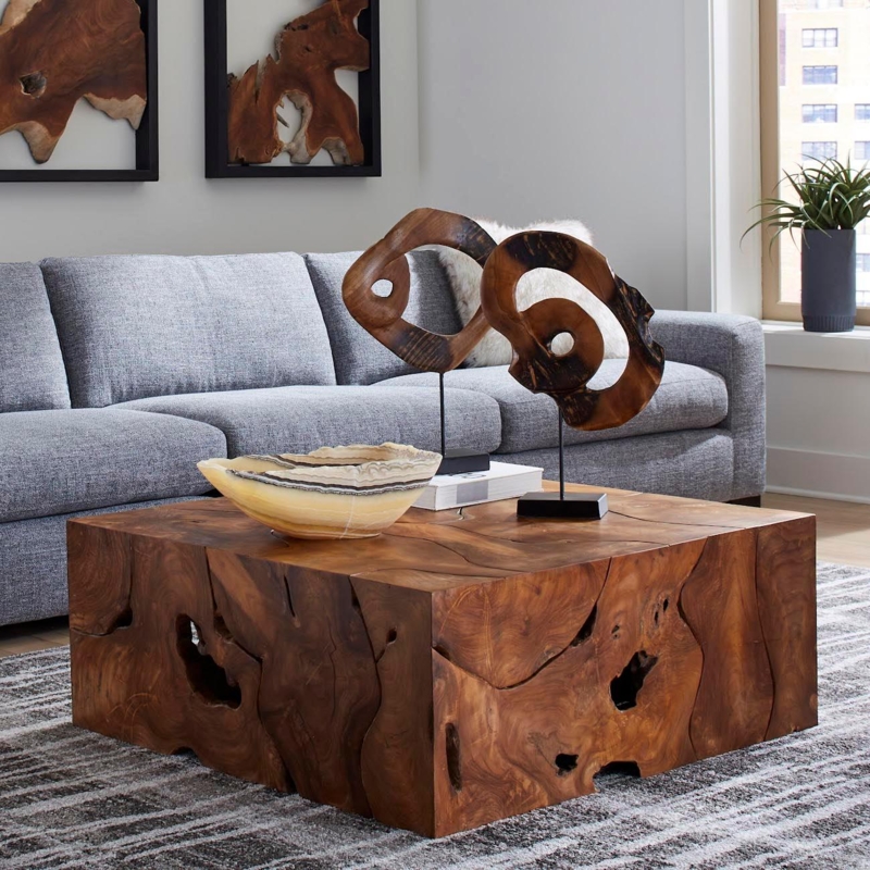 Square Teak Coffee Table, End Grain Pattern, Organic Modern Style.
