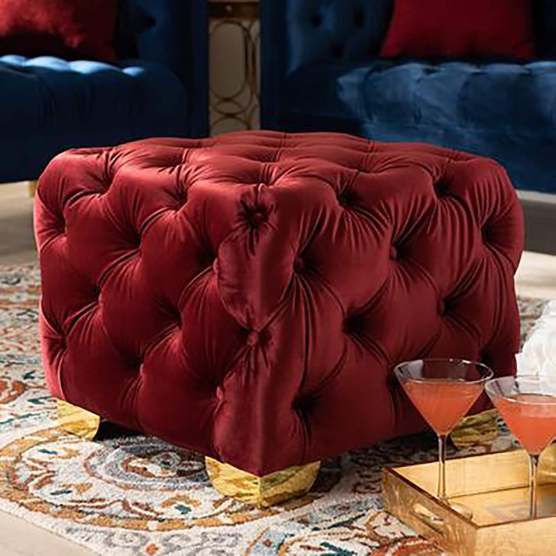 Square Tufted Ottoman Ruby Red Velvet Glam Footstool