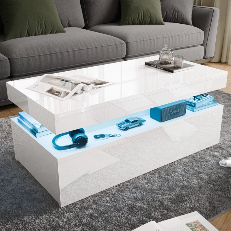 Square Two-Tone High-Gloss Coffee Table with LED and Storage Drawers