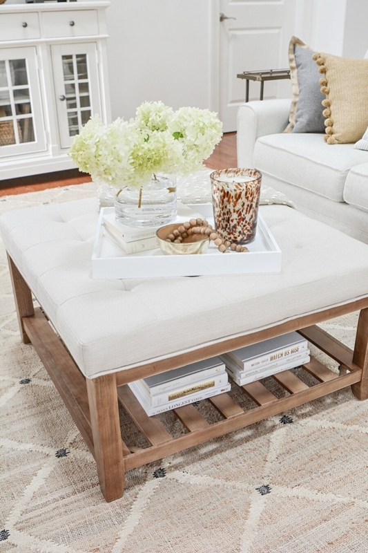 Square Upholstered Coffee Table with Light Wood Shelf