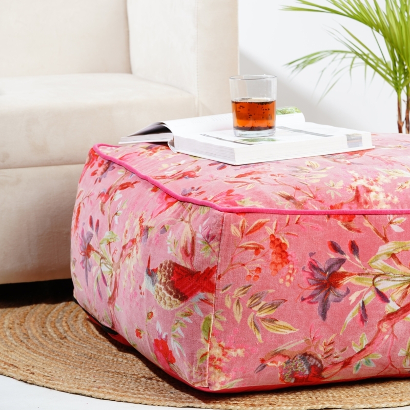 Square Velvet Pouf with Birds of Paradise Pattern