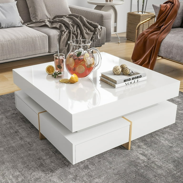 Square White High-Gloss Coffee Table with Wood Legs and Four Drawers