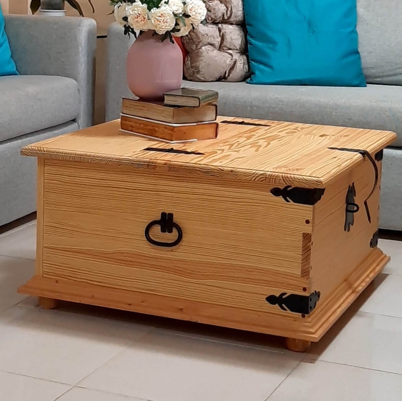 Square Wood Coffee Table Storage Trunk Black Metal Corner Accents