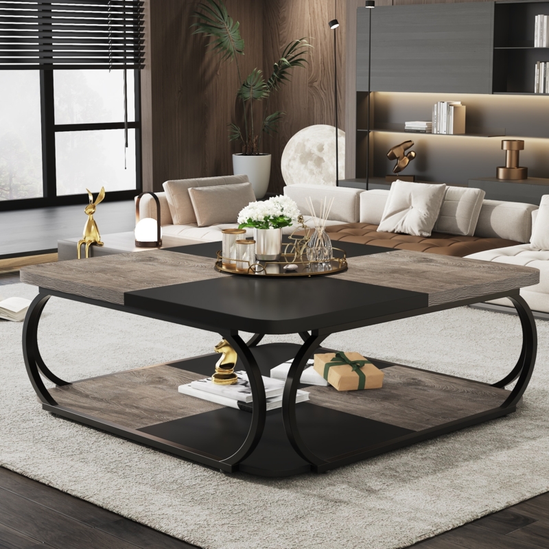 Square Wood Coffee Table Storage with Framed Side Panels