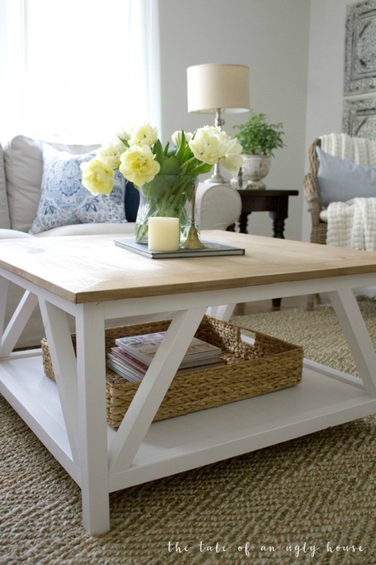 Square Wood Coffee Table Styling X-Base Frame Plank Top Natural