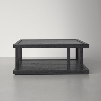 Square Wood Coffee Table with Storage Shelf, Chunky Block Legs