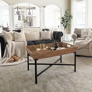 Square Woven Coffee Table Natural Hyacinth Tray Top Coastal Farmhouse