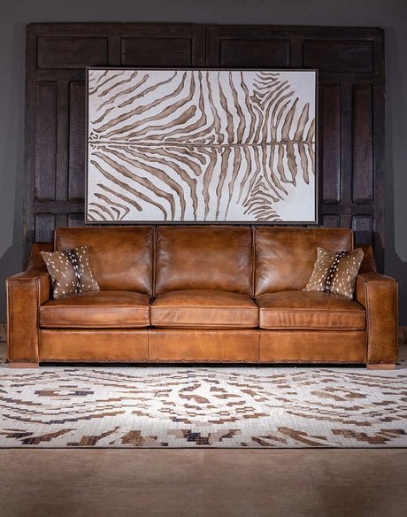 Squared Arm Cognac Sofa Welted Cushions Faux Leather Transitional
