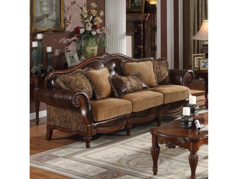 Stately Sofa with Mixed Media Upholstery and Wood Scrollwork (65 chars)