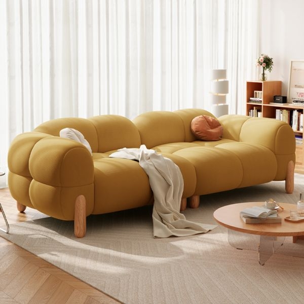 Stationary Sofa Lemon Yellow Biscuit Back Ribbed Texture