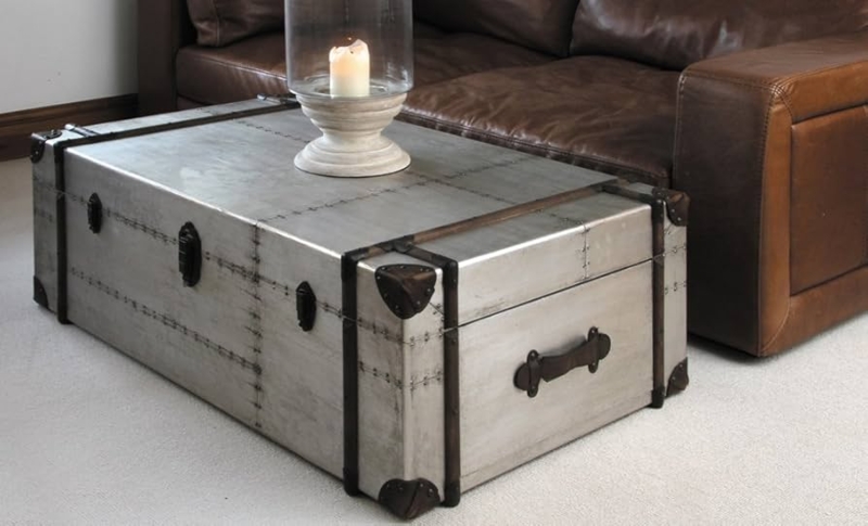 Steamer Trunk Coffee Table Riveted Metal Panels Leather Straps