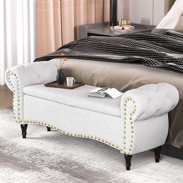 Storage Bench Cream Rolled Arms Button Tufted Nailhead Trim Traditional