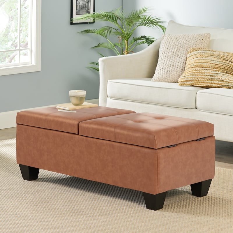 Storage Ottoman Bench Chocolate Brown Leather-Like Dual-Opening Lid