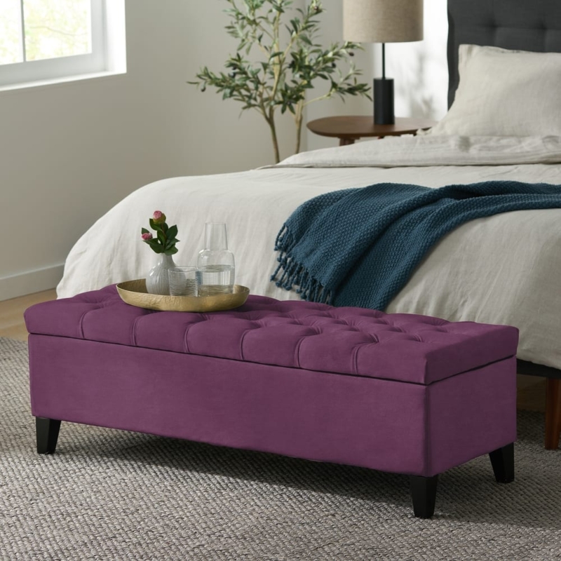 Storage Ottoman Bench Rectangular Button Tufted Dark Turned Legs Purple