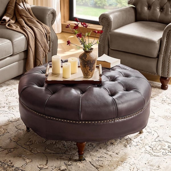 Storage Ottoman Bench Tufted Dark Brown Leather-Like Rectangular