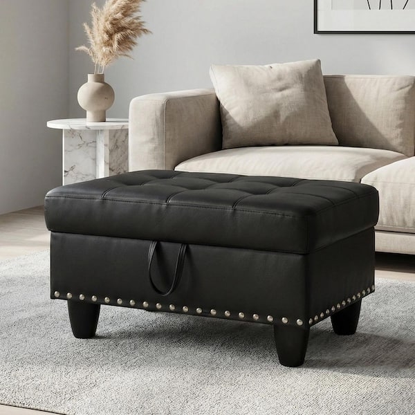 Storage Ottoman Black Leather-Like Rectangular Nailhead Trim Modern