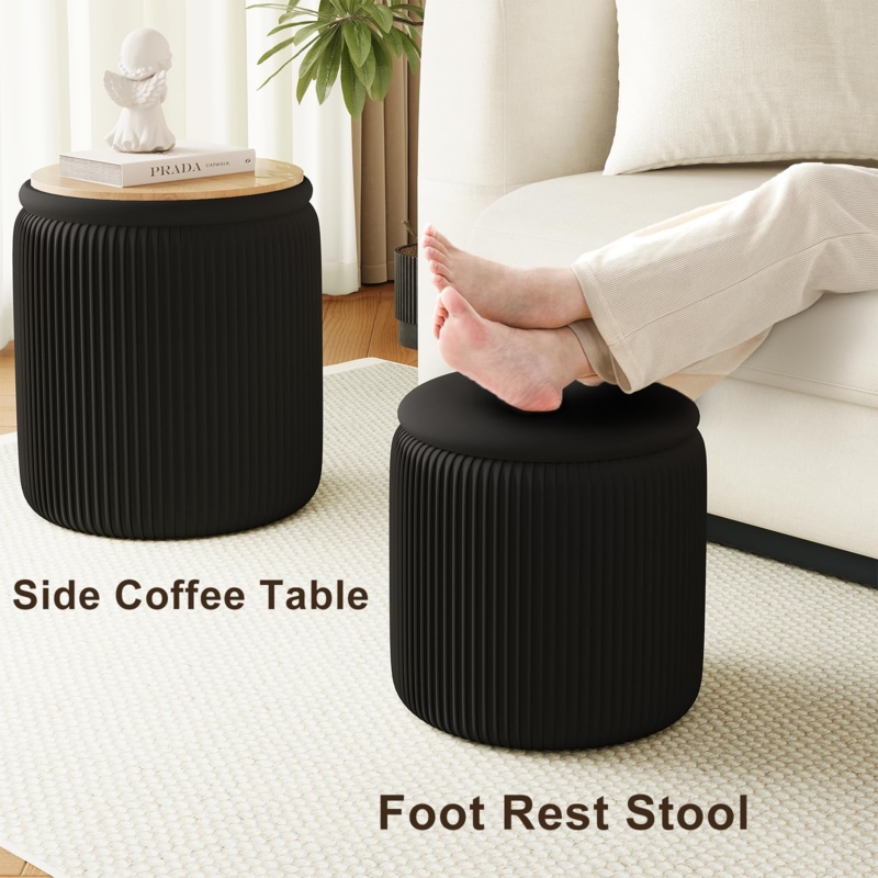 Storage Ottoman Black Velvet Vertical Channel Tufting Gold Base Ring
