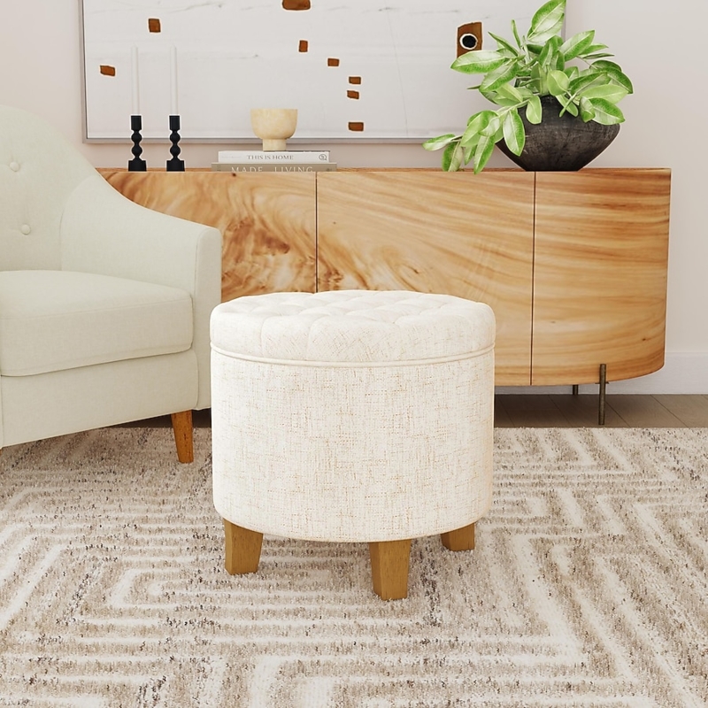 Storage Ottoman Button Tufting Round Traditional Cream Bedroom Seat