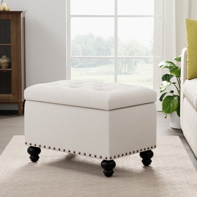 Storage Ottoman Cognac Nailhead Trim Button Tufted Rectangular