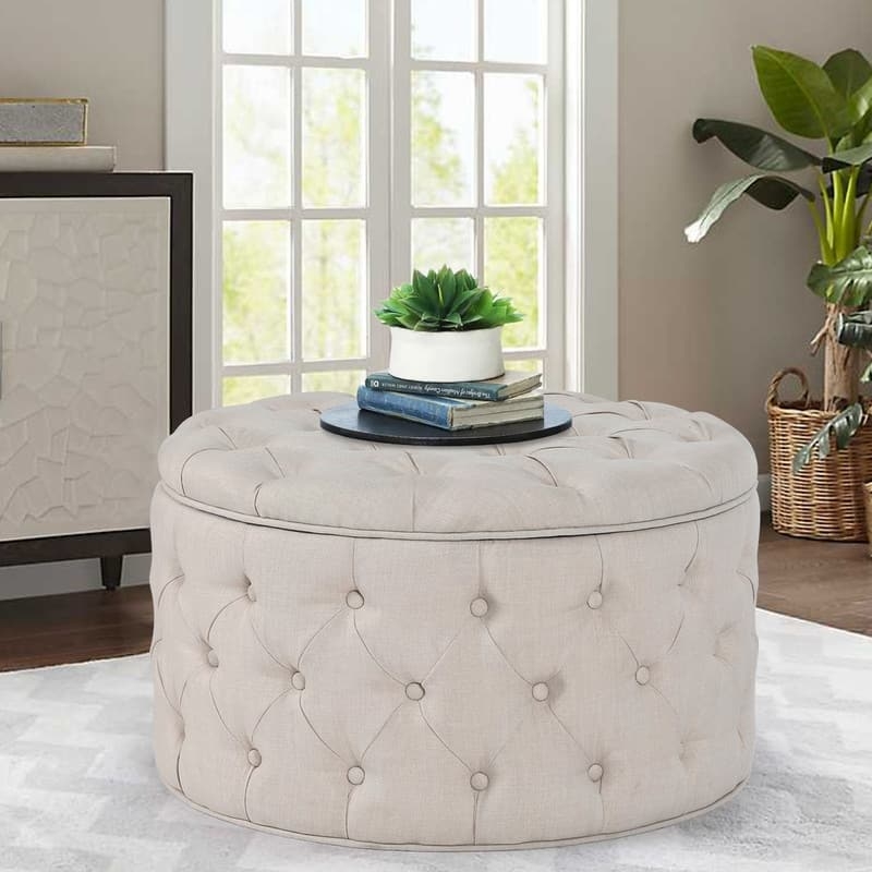 Storage Ottoman Cream Tufted Velvet Crossed Gold Base, Elegant Footrest