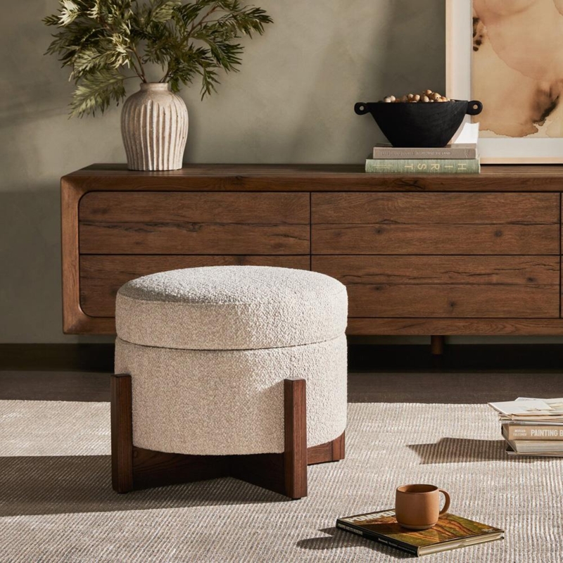 Storage Ottoman Creamy Boucle Wood Plinth Base