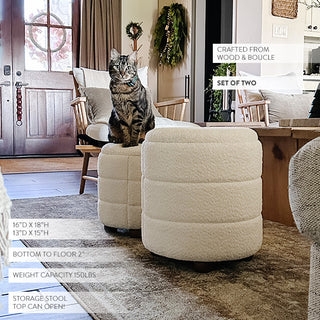 Storage Ottoman Cylindrical Ribbed Boucle Cream with Wooden Legs