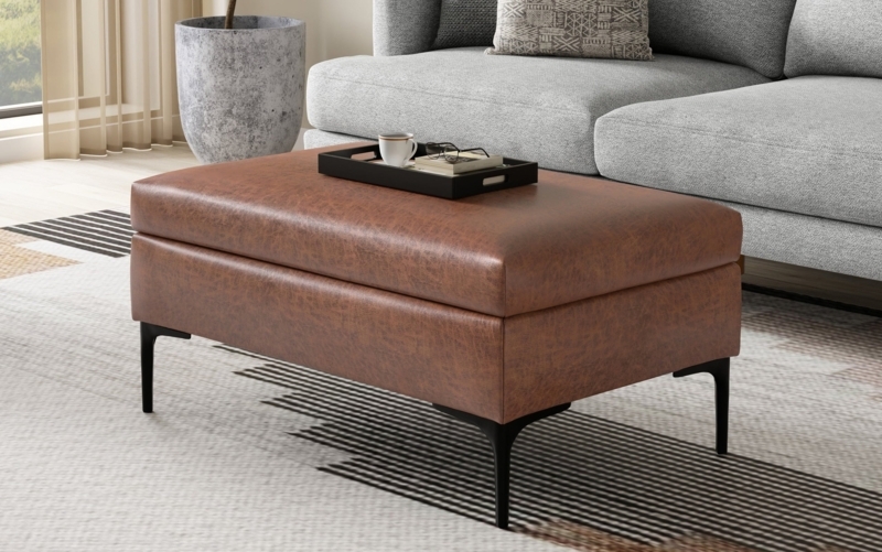Storage Ottoman Dark Brown Rectangular Lift Top Lid Distressed