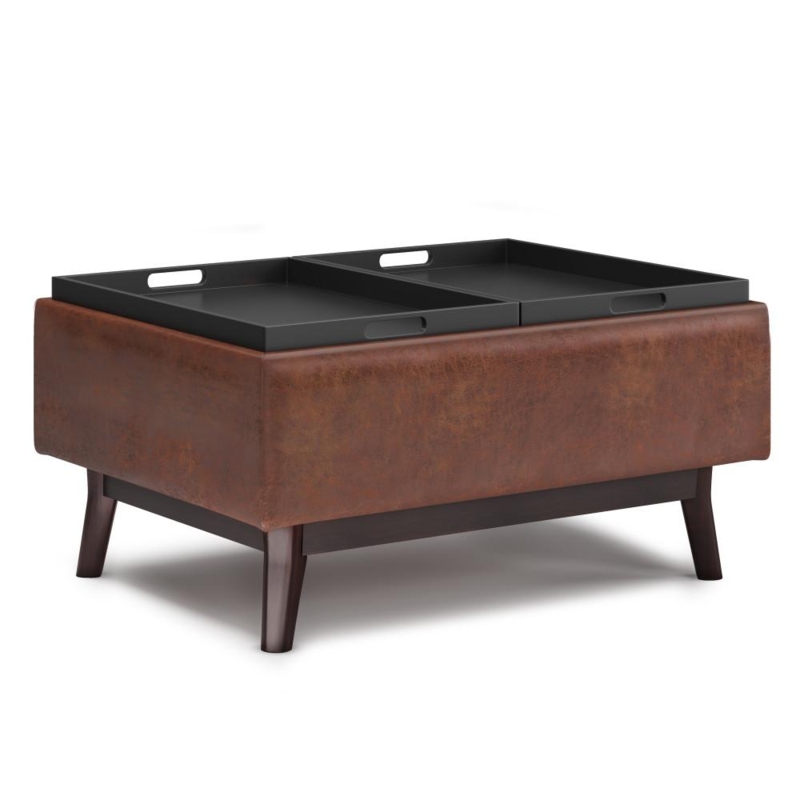 Storage Ottoman Distressed Grey Leather-Look Wood Tray Top