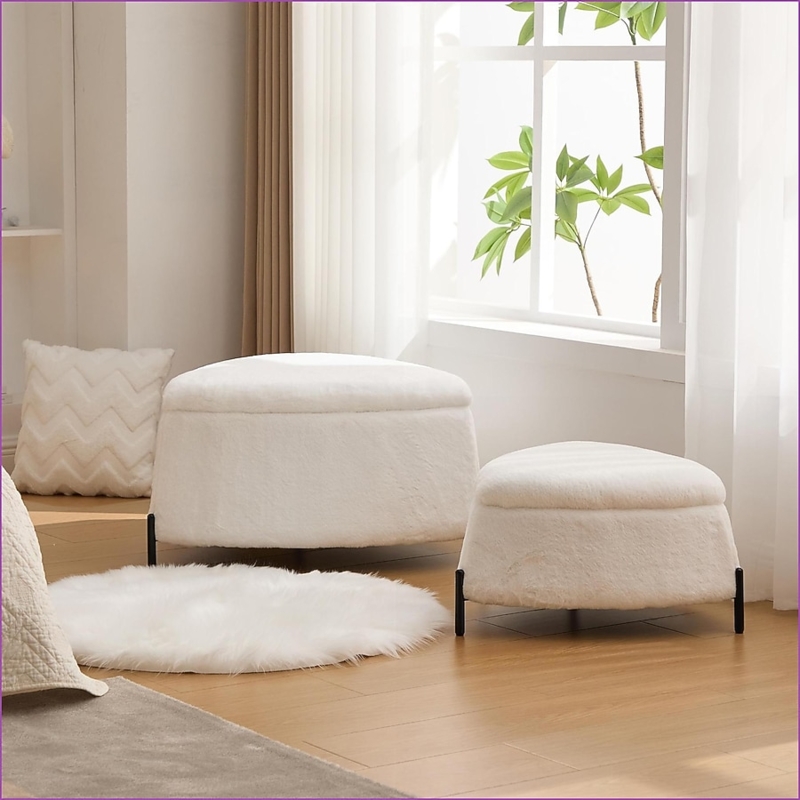 Storage Ottoman Ivory Faux Fur Set with Reversible Wood Lid