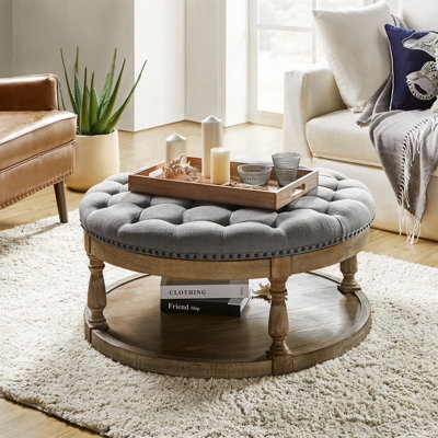 Storage Ottoman Light Gray Tufted Lift Top Turned Legs Bench