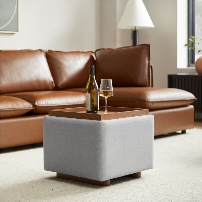 Storage Ottoman Mid-Century Dark Brown Leather-Like Tapered Legs