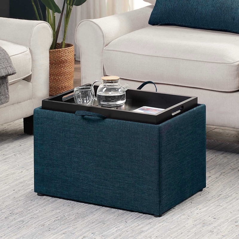 Storage Ottoman Navy Blue Rectangular with Reversible Tray Bench