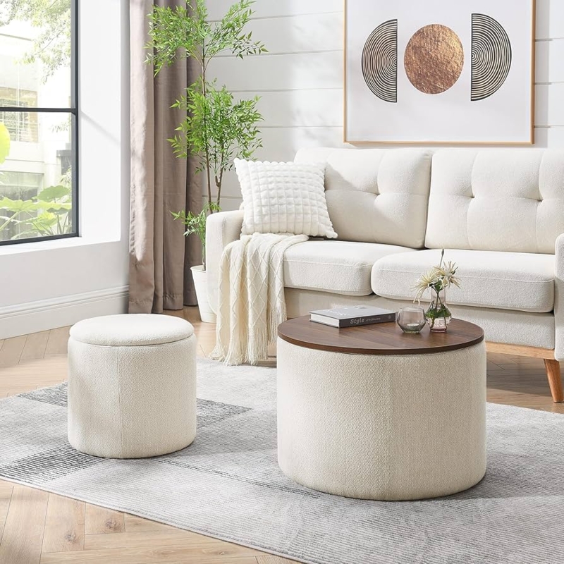 Storage Ottoman Nesting Set with Chenille Texture and Wood Top