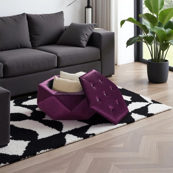 Storage Ottoman Purple Velvet Polygon Diamond Tufted Gold Legs