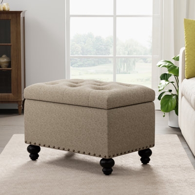 Storage Ottoman Rectangular Beige Button Tufted with Dark Tapered Legs