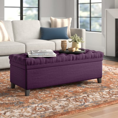 Storage Ottoman Rectangular Button Tufted Purple Fabric with Wood Legs