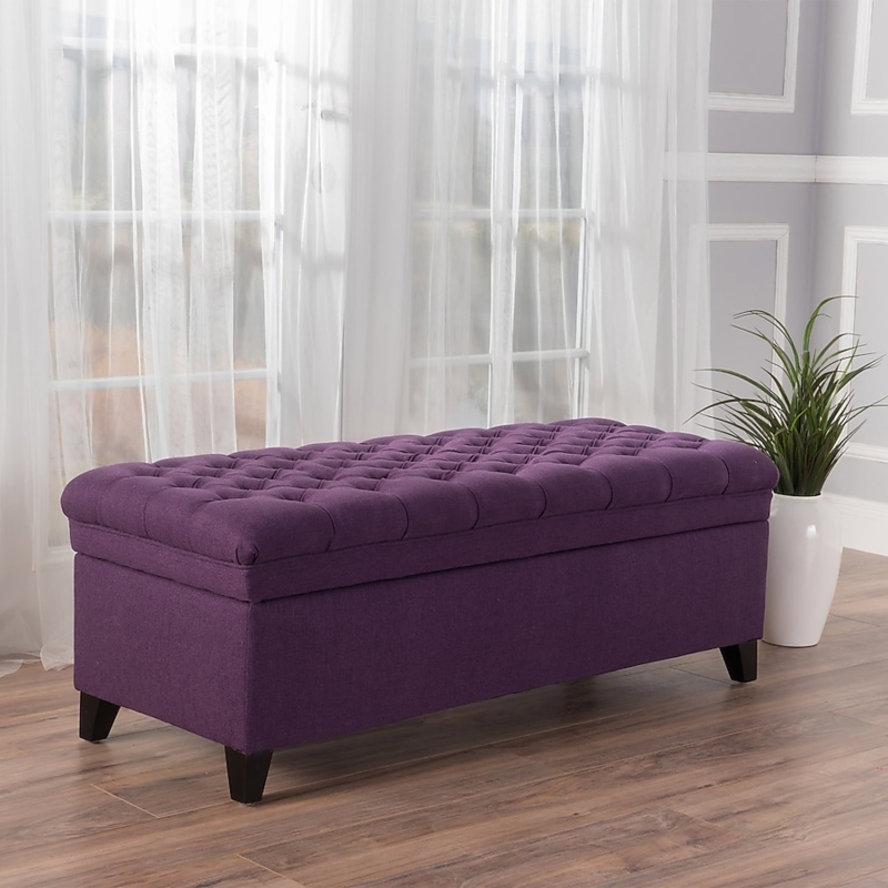 Storage Ottoman Rectangular Button Tufted with Tapered Birch Legs Purple