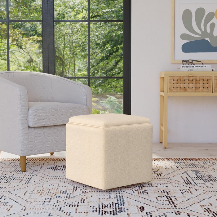 Storage Ottoman Rectangular Cream Woven Fabric with Tray Top