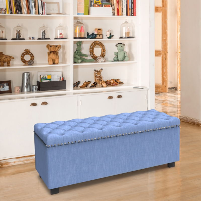 Storage Ottoman Rectangular Navy Blue Tufted Nailhead Trim Transitional