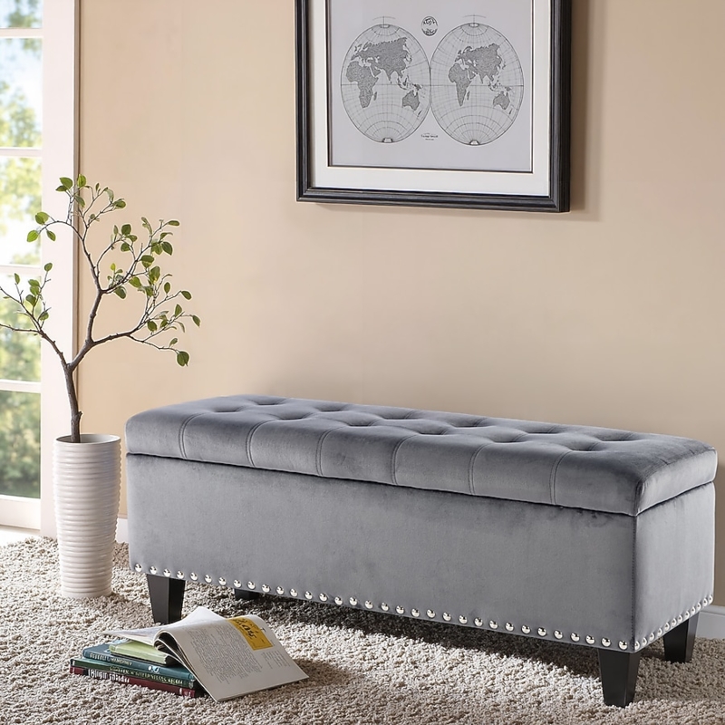 Storage Ottoman Rectangular Navy Velvet Tufted Gold Nailhead Trim Glam