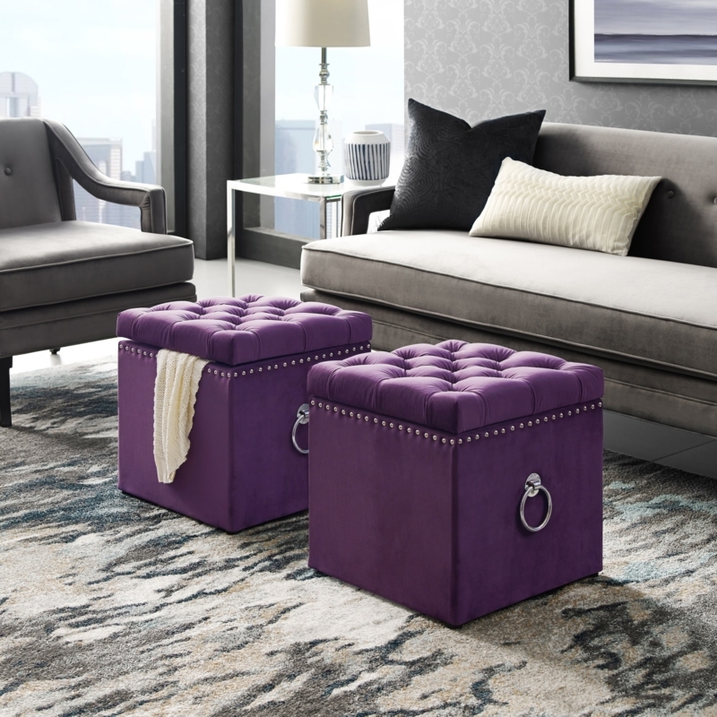 Storage Ottoman Rectangular Tufted Purple Velvet with Gold Metal Legs