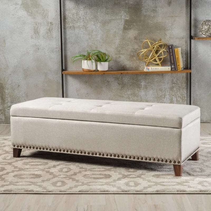 Storage Ottoman Rectangular Waffle Tufted Nailhead Trim Linen-Like Fabric