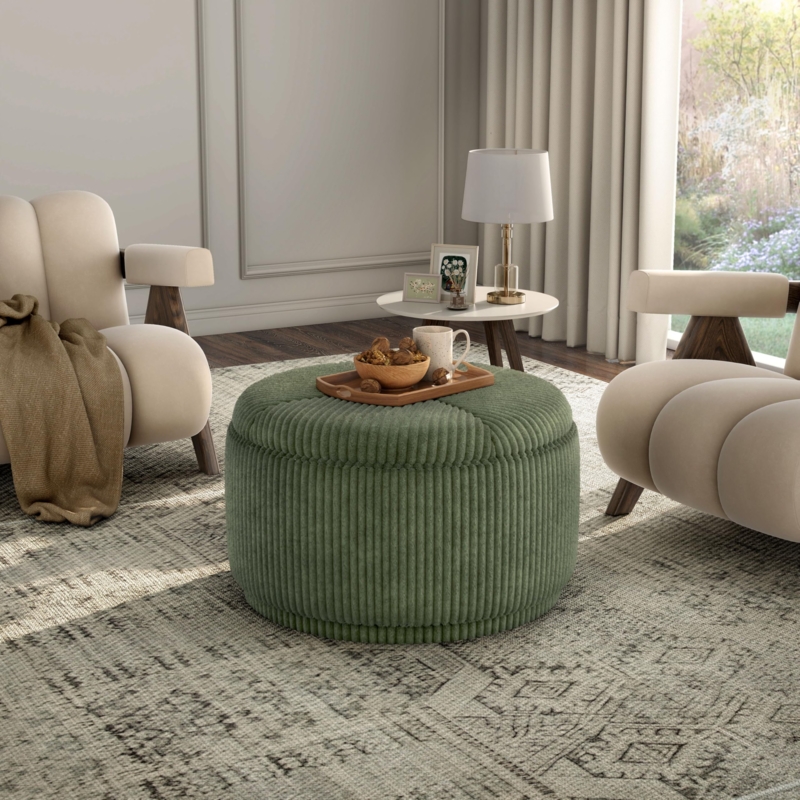 Storage Ottoman Ribbed Sides, Forest Green Modern Round Footstool