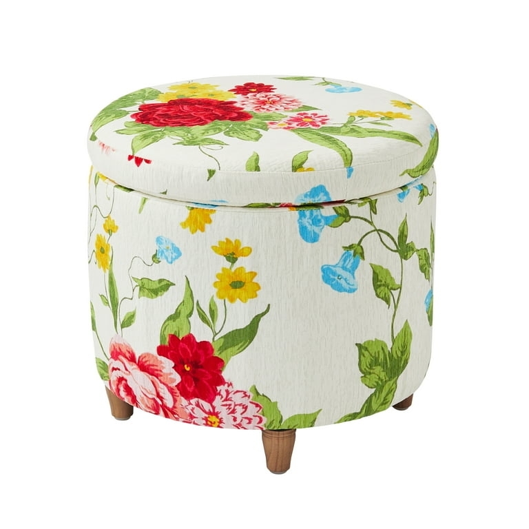 Storage Ottoman Rose Print Upholstery Wood Tray Lid Round Stool