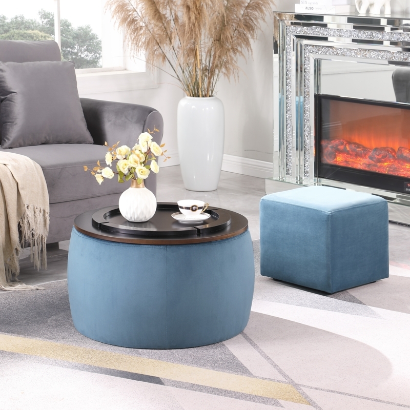Storage Ottoman Round Beige Fabric with Built-In Tray Top
